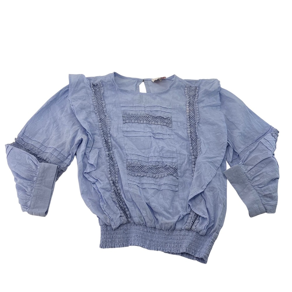 Entro Womens Light Blue Swiss Dot Crochet Lace Smocked Waist Blouse Small